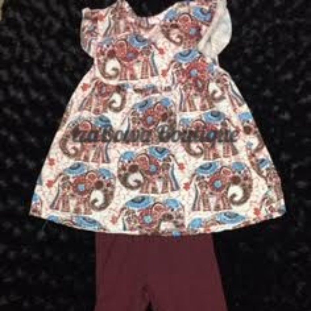 Maroon Elephant Ruffle Pant Set  40618  XS 12-18 Months  NWT Boutique